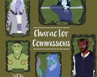 May include: A digital illustration featuring the text Character Commissions with five framed portraits of fantasy characters named Breenna, Ulla, Zocroth, Sahara, and Talos. Each portrait is enclosed in a dark, ornate, vine-like border.