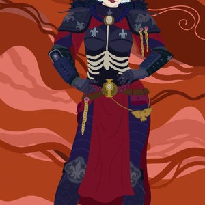 May include: Digital illustration of a warrior in dark blue armor with red accents, a skeleton chest plate, and a halo. The background is a gradient of orange and red hues. The warrior has white hair and a stern expression.