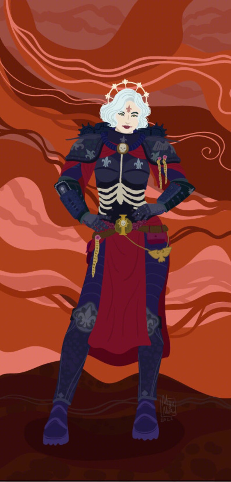 May include: Digital illustration of a warrior in dark blue armor with red accents, a skeleton chest plate, and a halo. The background is a gradient of orange and red hues. The warrior has white hair and a stern expression.