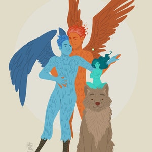May include: Illustration of a group of fantastical figures. A blue avian-human hybrid embraces an orange winged figure. A teal figure and a brown wolf are also present. The artwork has a soft color palette and a whimsical style.