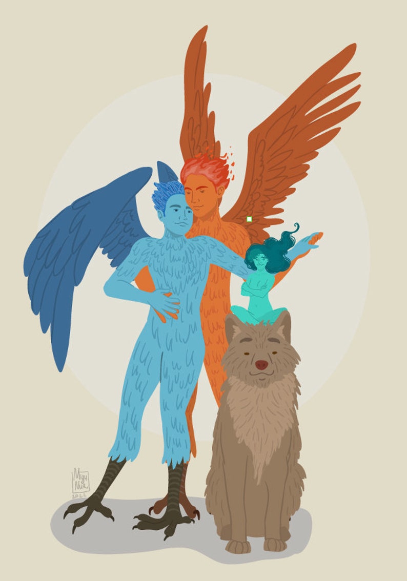 May include: Illustration of a group of fantastical figures. A blue avian-human hybrid embraces an orange winged figure. A teal figure and a brown wolf are also present. The artwork has a soft color palette and a whimsical style.