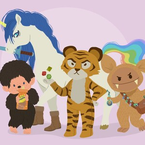 May include: Illustration of a group of cartoon characters: a unicorn with a blue mane and a sword, a tiger, a furry creature, and a small brown character holding a bottle. The background is a light purple color.