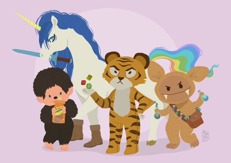 May include: Illustration of a group of cartoon characters: a unicorn with a blue mane and a sword, a tiger, a furry creature, and a small brown character holding a bottle. The background is a light purple color.