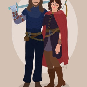 May include: Illustration of two people dressed in fantasy attire. One person wears blue armor and holds a sword. The other wears a red cape and a dark dress, with a bow and arrow on their back. The background is a solid beige color.