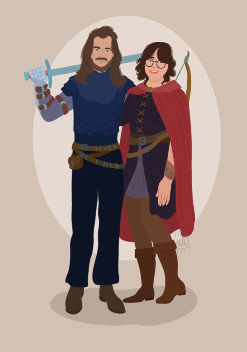May include: Illustration of two people dressed in fantasy attire. One person wears blue armor and holds a sword. The other wears a red cape and a dark dress, with a bow and arrow on their back. The background is a solid beige color.