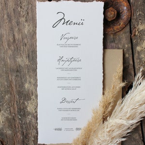 Menükarte | Hochzeitspapeterie im rustikalen vintage Stil, rissige Kanten, clean, grau, weiß, Platzkarte, gerissene Kanten