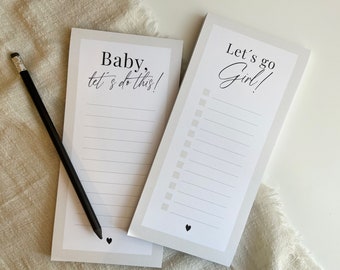 Notepad | in 2 motifs | 50 sheets in DIN long, writable, office gadget, gift idea, Go Girl,Baby lets do this