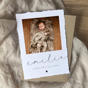 Dankeskarte zur Geburt mit gerissenen Kanten | individuelle Danksagung in schlichtem Design,Büttenpapier Optik mit Umschlag, Baby, Geburt