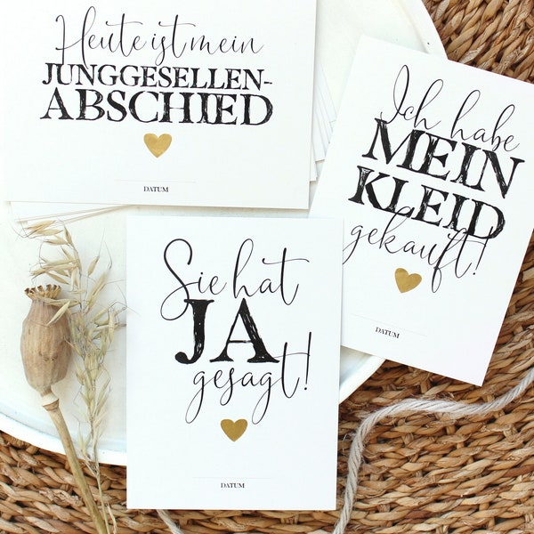 12 Meilenstein Karten Hochzeit | zum Ausfüllen mit Goldherz und schlichtem Design, individuelle Papeterie, Hochzeitspapeterie, Postkarten