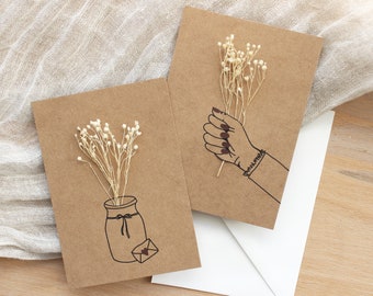 GREETING CARDS |  in 2 motifs with dried flowers made of natural paper, A6, kraft paper with cover and hand-drawn illustration