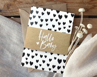 Folding card "hello baby" | Banderole with matching envelope made of tracing paper, birthday greeting card with black hearts