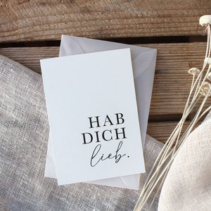 Kleine Grußkarte | hab dich lieb | mit Kuvert aus Transparentpapier, cleanes Design, mit Umschlag, A7 Karte