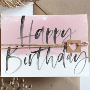 Greeting card Birthday card, folding card with handlettering and matching envelope made of natural paper, pink image 1