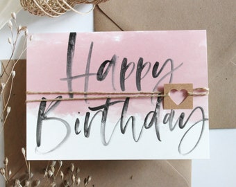 Greeting card | Birthday card, folding card with handlettering and matching envelope made of natural paper, pink
