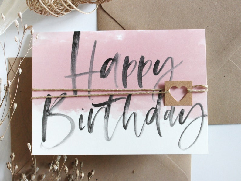 Greeting card Birthday card, folding card with handlettering and matching envelope made of natural paper, pink image 1