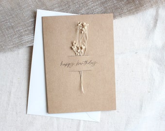 Birthday card made of natural paper | sustainable, plastic-free with dry flower and cover in cream, kraft paper, calligraphy, especially