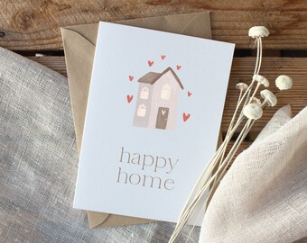 Greeting card "happy home" | to move in, inauguration party, topping-out ceremony, new apartment, home, with cover made of brown natural paper