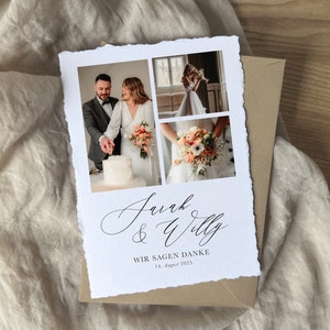 Dankeskarte mit gerissenen Kanten | individuelle Hochzeitspapeterie in schlichtem Design,Büttenpapier Optik mit Umschlag aus Kraftpapier