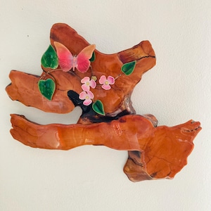 1970s Burl Wood Wall Sculpture: Vintage Enamel Butterfly MCM Art