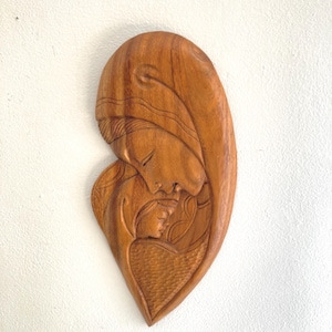 Vintage carved teak Madonna and Child  | Wall sculpture of Mary and Jesus