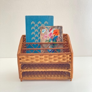 Vintage Woven Rattan Letter Holder | MCM Mail Caddy | Desk Letter Holder | Office Decor