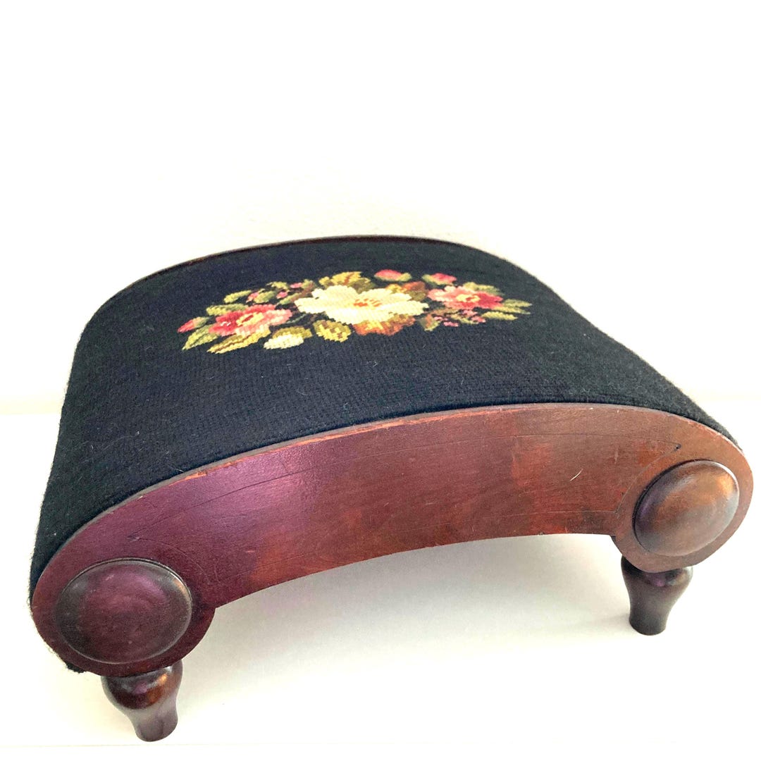Vintage Floral Embroidered Footstool | Petite Hand Stitched Foot Rest ...