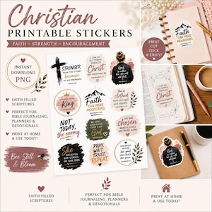 May include: A digital sheet of Christian printable stickers featuring various religious quotes, scripture references, and illustrations including a cross, mountains, and a person. The text includes phrases like Faith Can Move Mountains and God Is Within Her.