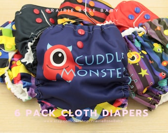 6 Pack cloth diaper, Cloth diaper starter pack, Cloth diapers, Pocket Diaper, Monster Cloth diaper pattern, Washable diaper, Reusable diaper