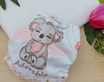 Cloth diapers, Pocket Diaper, Cloth diaper cover, Modern, Koala, Cloth diaper pattern, Washable diapers, Reusable diapers, Pink, White, Bear