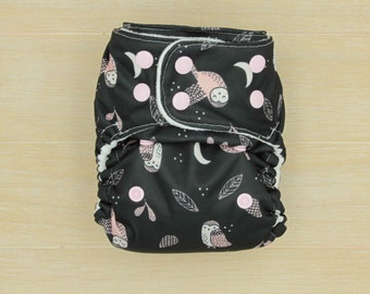 Cloth diapers, pocket diapers, diaper, modern cloth diaper, moons, owls, pink, washable diaper, cloth nappy, one size, baby shower, night