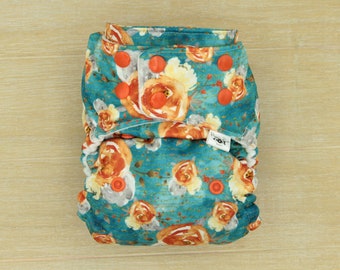 Pocket diaper, cloth diaper, modern, Flower, fall diaper, cloth diaper cover, washable diaper, reusable diaper, cloth nappy, Orange, blue