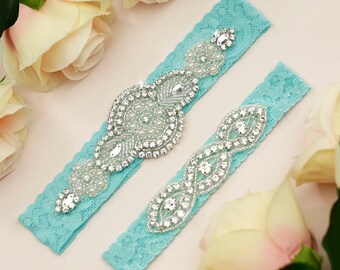 WHITE AQUA BLUE Wedding garter set diamante starfish