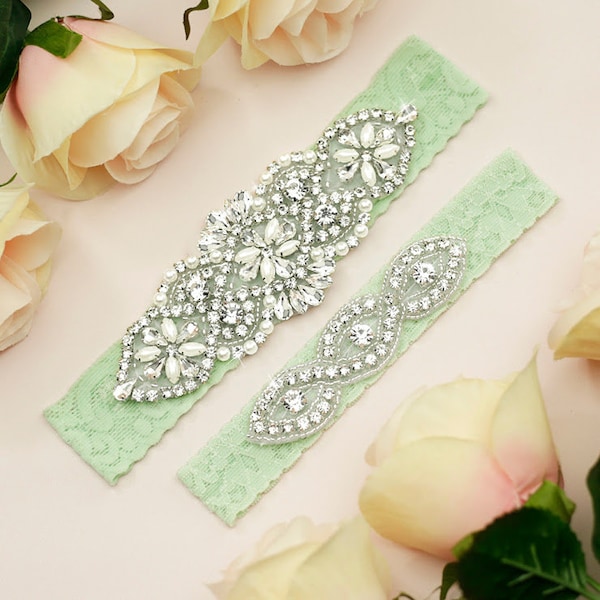 Mint Green Garter, Wedding Garter, Mint Garter Set, Rhinestone Garter, Lace Wedding Garter, Bridal Garter Belt, Vintage Light Green Garter