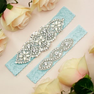 Light Blue Garter, Wedding Garter Set, Bridal Garter,  Blue Garter, Garter for Wedding, Crystal Rhinestone Garter, Something Blue Garter