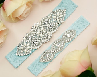 Jarretière bleu clair, ensemble de jarretière de mariage, jarretière nuptiale, jarretière bleue, jarretière pour le mariage, jarretière en strass de cristal, quelque chose de jarretière bleue