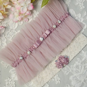 Mauve Tulle Wedding Garter Set with Ivory Lace, Ribbon Roses, Rhinstones and Pearls