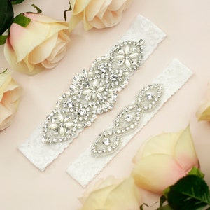 Conjunto de liga de casamento branco, renda elástica com detalhes em strass e pérola