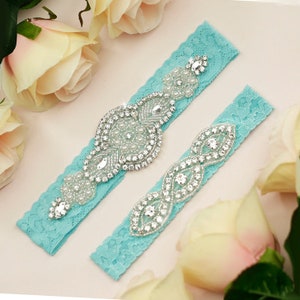 Aqua Blue Garter, Wedding Garter, Garter for Brides, Something Blue, Crystal Rhinestone Garter, Bridal Garter Set, Pearl Garter, Lace Garter
