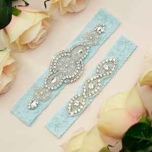 Light Blue Garter, Wedding Garter Set,  Vintage Garter, Blue Garter, Garter for Wedding, Crystal Rhinestone Garter, Something Blue Garter