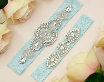 Jarretière bleu clair, ensemble de jarretière de mariage, Jarretière Vintage, Jarretière bleu, jarretière pour mariage, Jarretière en cristal strass, quelque chose de bleu au point mousse