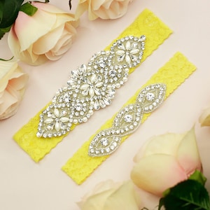Yellow Garter, Wedding Garter Set, Vintage Bridal Garter, Garter for Wedding, Yellow Garter Belt, Crystal Rhinestone Garter, Lace Garter,