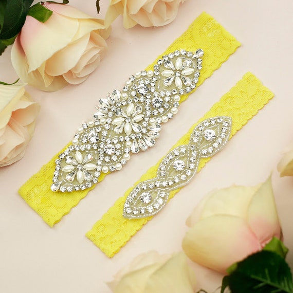 Yellow Garter, Wedding Garter Set, Vintage Bridal Garter, Garter for Wedding, Yellow Garter Belt, Crystal Rhinestone Garter, Lace Garter,