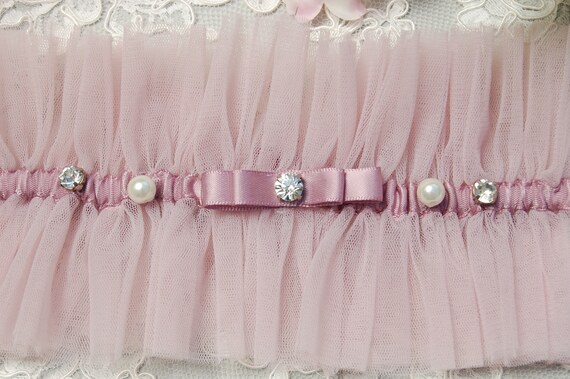Rhinestone and Pearls Lace Garter Set Garter for Wedding Ivory Wedding Garter Rose Pink Garter Black Roses Ruffled Tulle Garter