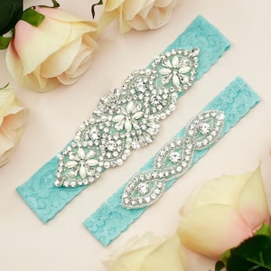 Aqua Blue Garter, Wedding Garter Set, Garter for Wedding, Lace Garter, Crystal Garter, Ocean Blue Garter, Turquoise Garter, Blue Garter