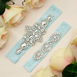 Light Blue Garter, Wedding Garter Set, Blue Garter, Bridal Garter Belt, Lace Garter, Crystal Rhinestone Garter, Something Blue Garter