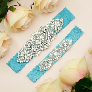Turquoise Blue Garter, Wedding Garter Set, Blue Bridal Garter, Lace Garter, Crystal Rhinestone Garter, Garter for Wedding, Something Blue