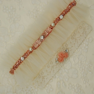 Avorio e blush rosa sposa giarrettiera, avorio arruffato tulle, strass di cristallo e perle, giarrettiera di pizzo, scintillante giarrettiera, giarrettiera per matrimonio