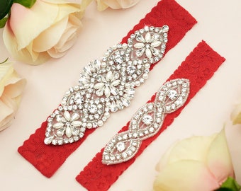 Red Garter, Red Wedding Garter, Bridal Garter, Red Garter Belt, Lace Wedding Garter, Rhinestone Garter, Beaded Garter, Garter for Wedding