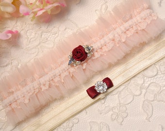 Blush Pink and Wine Tulle Wedding Garter Set