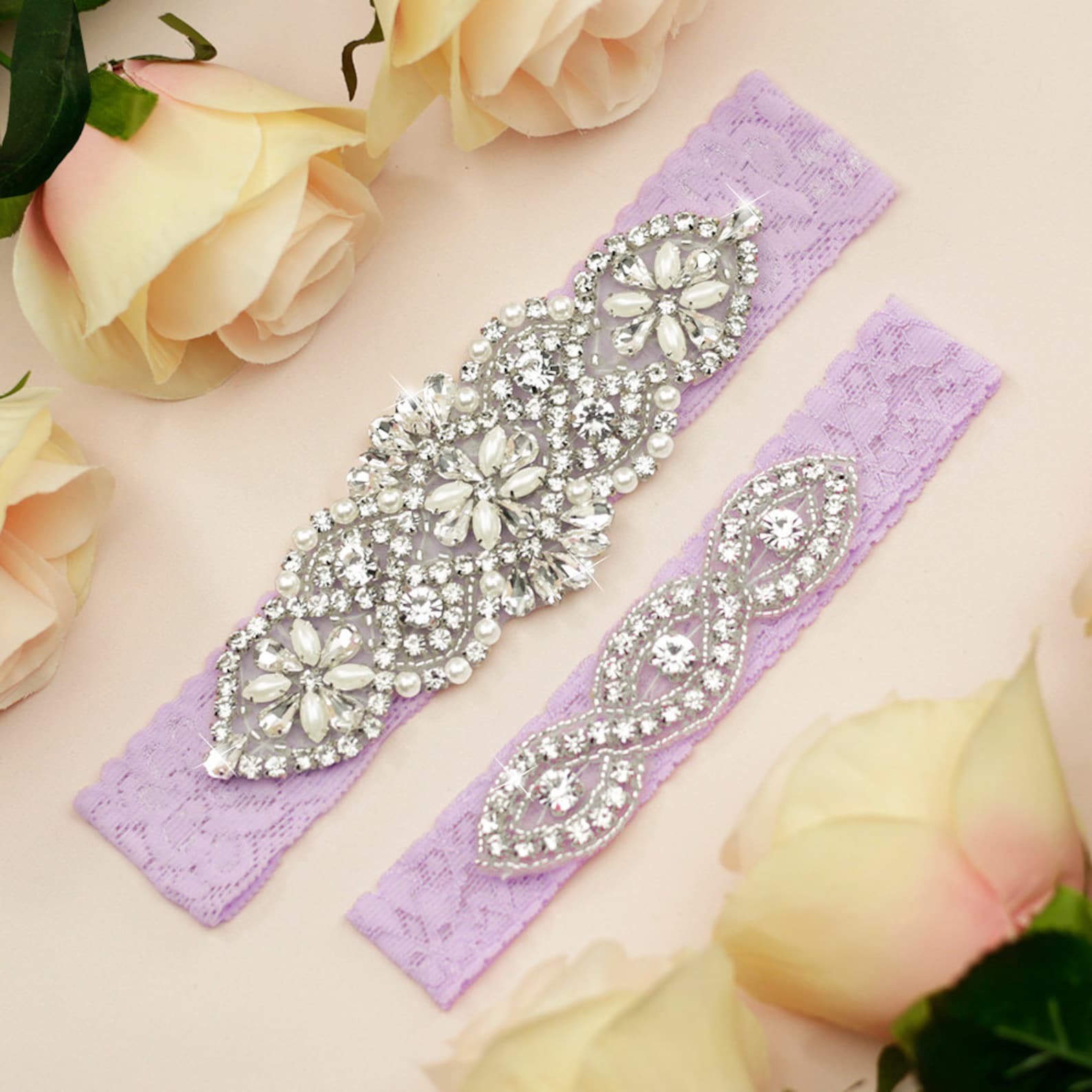 Purple special occasion belts and sashes - lavender rhinestone and lace garter belt set